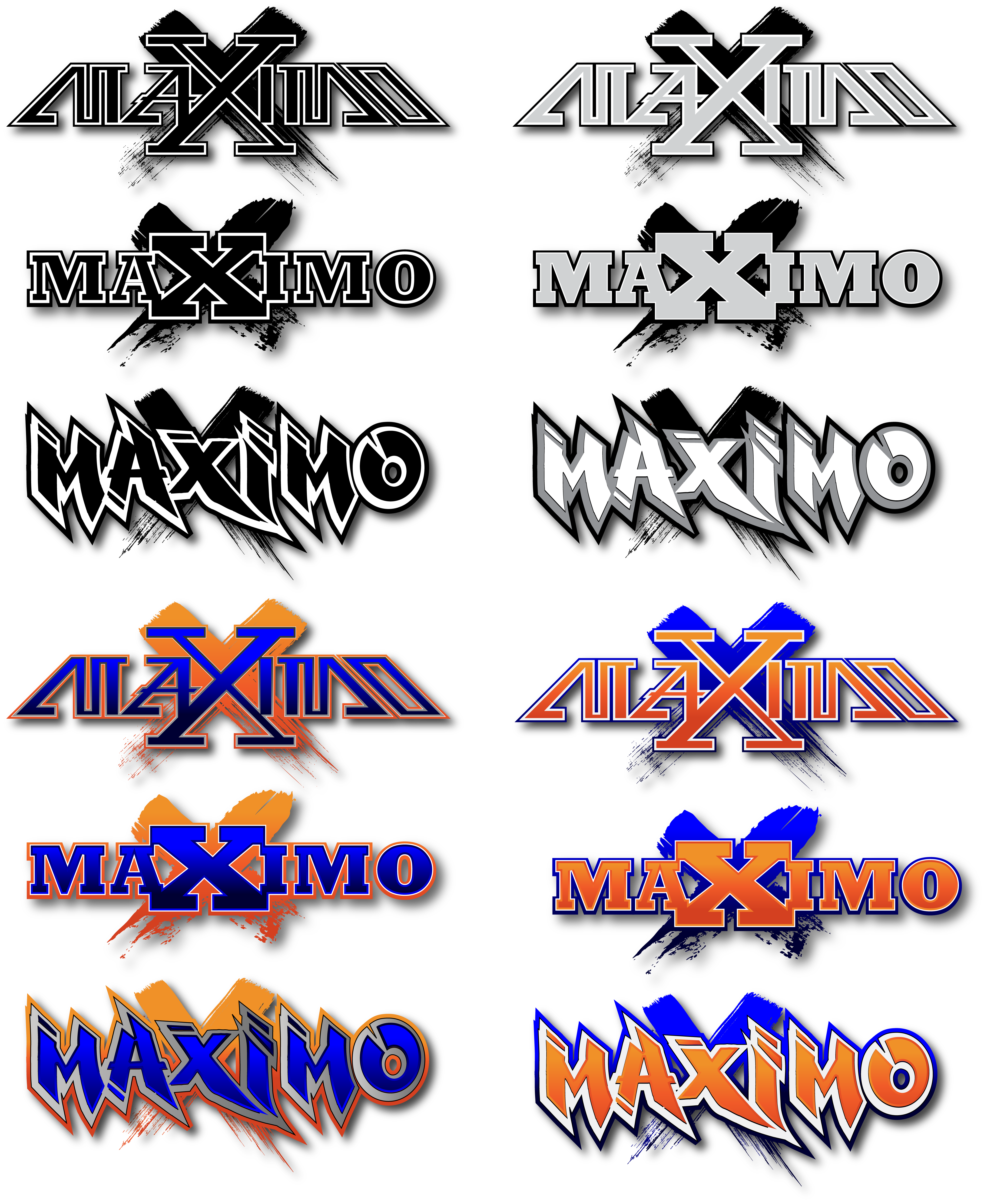 Maximo logo array in mid-development. I had about a dozen designs and a set of 6 color treatments that I provided across the array. This was in the last stage before choosing final artwork to refine & use.